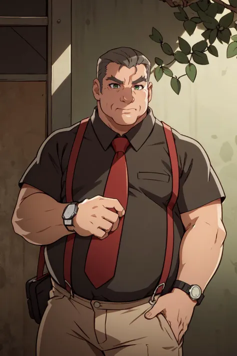 <lora:ooishi_anime_batchsize1_II:1> 1man, solo, best quality, old, chubby, fat, cigarette in mouth, hand on own chin, thinking, arcade, dappled sunlight, head tilt, red necktie, wristwatch, black shirt, pectorals, BREAK white pants, suspenders, thick thighs, grey hair, hair slicked back, green eyes, highly detailed, masterpiece <lora:weight_slider_v2:1.2>