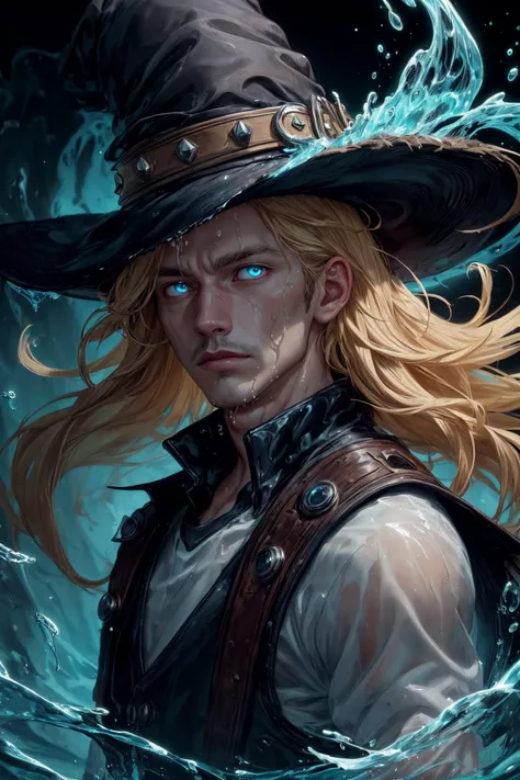 (best quality, masterpiece), <lora:tangbohu-detailer_1.0:0.8>
(1man, masculine adult irish male:1.2), brown eyes, light blonde hair, spiky hair,
Style-GravityMagic, portrait, looking away, solo, upper body, detailed background, (<lora:WorldofWater:0.6>, worldofwater theme:1.1), witch hat, witch, (glowing eyes:1.1), hair flowing in the wind, yellow trimmed dark colored clothes, dynamic pose, abandoned valley background, swirling weaves in the air, floating particles, updraft, midnight, raining, wet, drenched, mysterious atmosphere,
