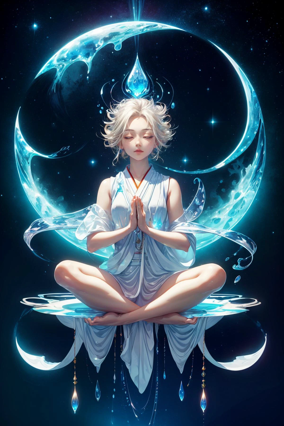 maximum details, cinematic, (abstract art:1.1), stylized, <lora:add_detail:0.5>, <lora:epi_noiseoffset2:0.5>,
1 girl, adult (elven:0.7) woman, freckles, amber eyes, platinum blonde quiff hair,
Style-GravityMagic, portrait, solo, full body, looking away, detailed background, detailed face, (<lora:WorldofWater:0.6>, worldofwater theme:1.1), japanese monk, simple sleeveless monk vest, prayer wheel, symmetrical, (legs crossed, lotus position:1.1), (levitating, meditating:1.3), disciplined, trance-like meditation, , deep enlightenment, , (hovering in the air, up in the air, mid-air:1.2), bioluminescence, floating particles, moon in background, reflections, ethereal atmosphere,