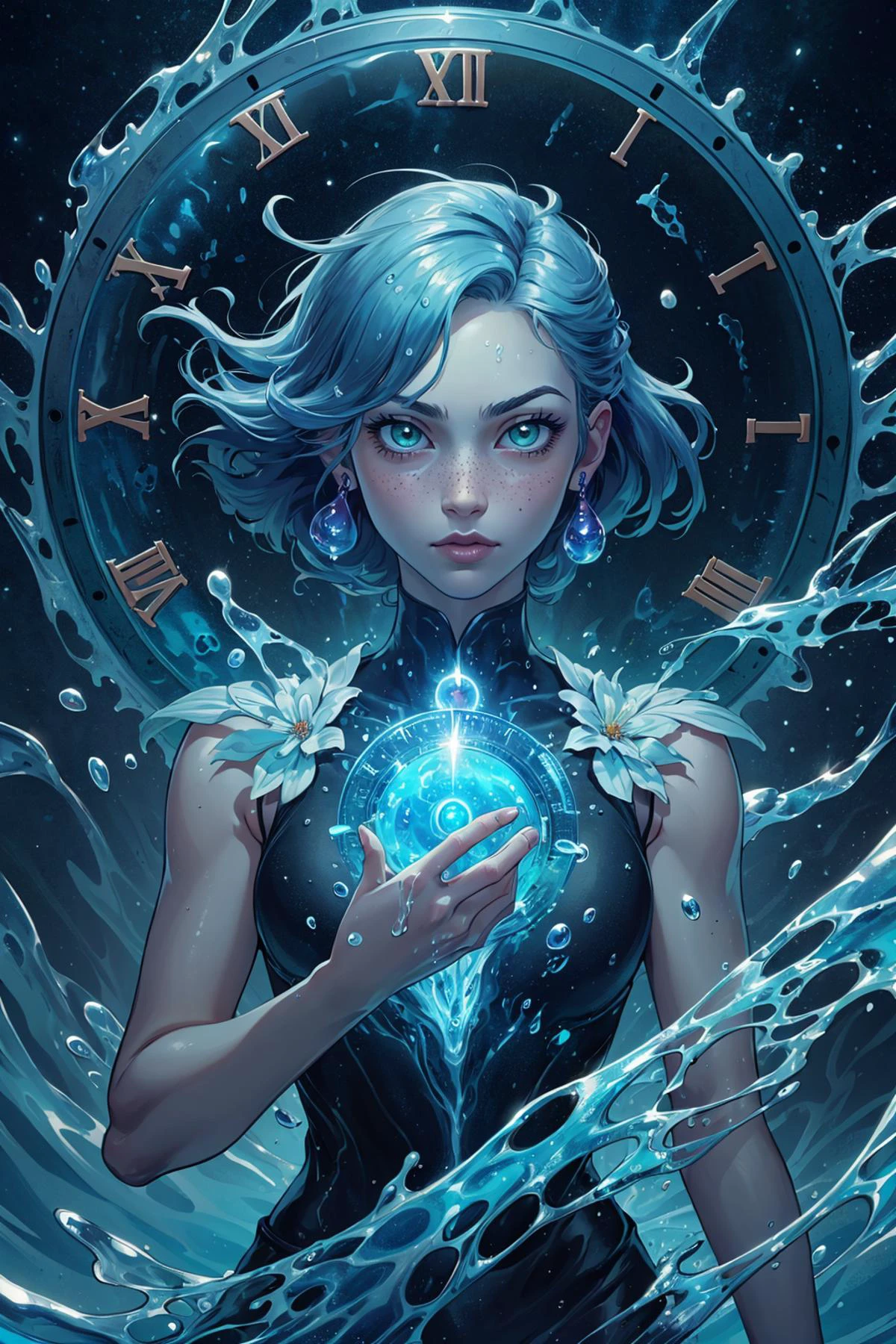 (best quality, masterpiece),
1 girl, adult (elven:0.7) woman, freckles, green eyes, medium brown blowout hair,
(style-swirlmagic:1.0), solo, upper body, looking at viewer, detailed background, detailed face, (<lora:WorldofWater:0.6>, worldofwater theme:1.1) (time wizard:1.1), eternity, fractal geometry, circular patterns, clock, clockwork, clock gears, energy, bloom light aura, cosmic space in background, epic atmosphere,