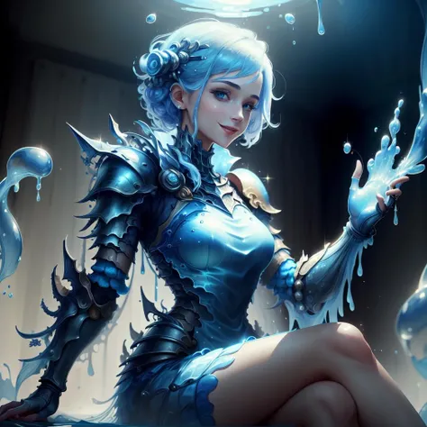 masterpiece, absurdres, extremely detailed, <lora:WorldofWater:1.2>, worldofwater, 1girl, armoured, dress, smiling, sitting, looking at viewer, day time, volumetric lighting,