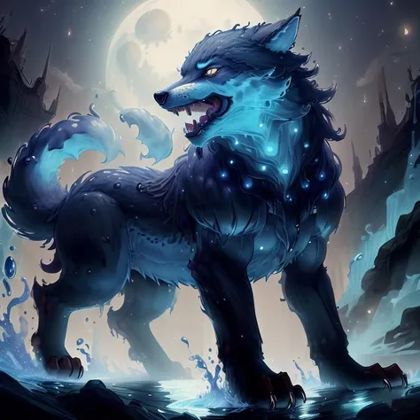 <lora:WorldofWater:1.4>, worldofwater, werewolf, night, moonlight, volumetric lighting, fur, animal focus, feral, howling, teeth,
