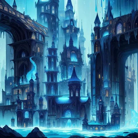 masterpiece, absurdres, extremely detailed, <lora:WorldofWater:1>, worldofwater, city with towers and buildings,