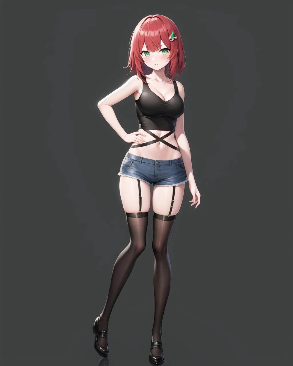 solo, 1girl, hiseki erio, Erio_casual, (Best: 1.0), masterpiece, best quality, highres, absurdres, look at viewer, handsome, (oval face:1), dating, 18 years old, beautiful detailed eyes, full body, green_eyes, red_hair, single thighhigh, garter straps, uneven legwear,blush, collarbone, , cleavagornament, black_tank_top, denim_shorts, off_shoulder, black thighhighs, navel, stomach, striped, striped_thighhighs, short_hair, <lora:Erio_v0.50_casual:0.4>, simple background,