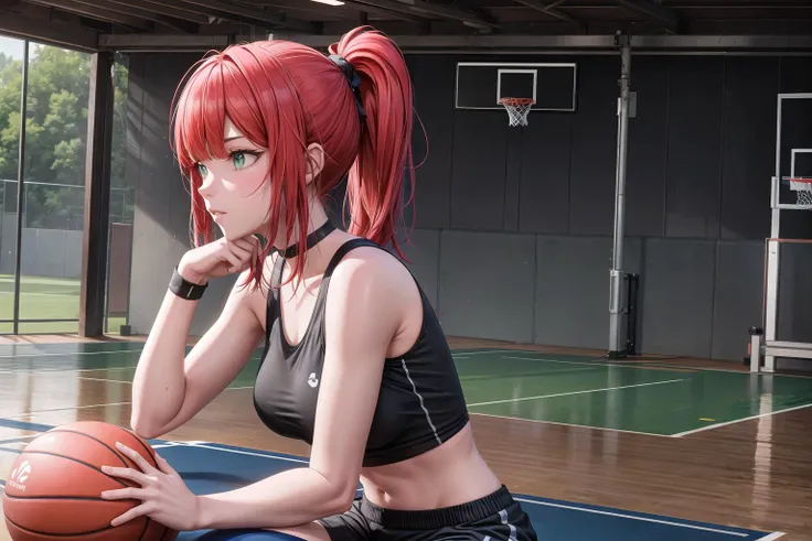 solo, 1girl, hiseki erio, Erio_casual, (Best: 1.0), masterpiece, best quality, highres, absurdres, look at viewer, handsome, (oval face:1), dating, 18 years old, beautiful detailed eyes, (green_eyes:1.2), red_hair, <lora:Erio_v0.50_casual:0.4>, <lora:add_detail:0.8>, breasts, basketball jersey, jersey, Shorts, Sneakers, Headband, Wristbands, Leggings, Sports Bra, Socks, Arm Sleeves, Compression Shorts, black_choker, long hair, ponytail, sitting, elbow rest, arm_rest, spread legs, basketball between legs, playing_basketball, standing on one leg, Basketball hoop, Court lines, Scoreboard, Bleachers, Basketball, Water bottles, Towels, Whistle, Cones, First aid kit, Bench, Stopwatch, Ball rack, Training ladder, Sound system, basketball court, upper body,