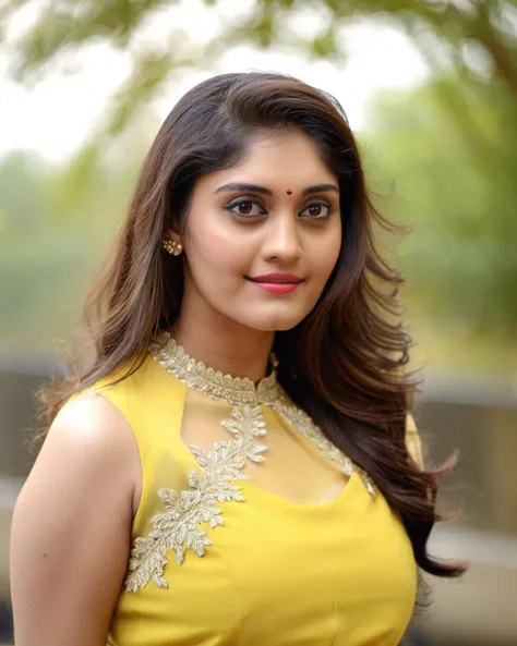 ultrarealistic soft focus photo of a 30-year-old woman, surabhi puranik, outdoors, high neck Mellow yellow cocktail dress with lace covering chest and cleavage, low-angle shot camera angle, looking looking at camera, day time, beautiful bokeh <lora:Surabhi_Puranik_SDXL_LoRA:1>