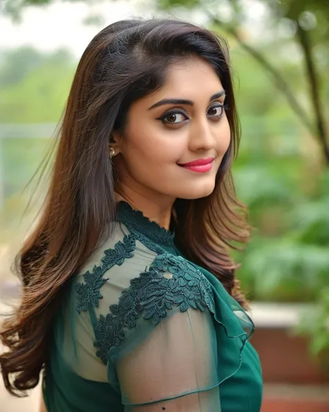 ultrarealistic soft focus photo of a 30-year-old woman, surabhi puranik, outdoors, high neck Dark spring green cocktail dress with lace covering chest and cleavage, macro shot camera angle, looking looking at camera, day time, beautiful bokeh <lora:Surabhi_Puranik_SDXL_LoRA:1>