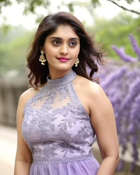 ultrarealistic soft focus photo of a 30-year-old woman, surabhi puranik, outdoors, high neck Wisteria cocktail dress with lace covering chest and cleavage, macro shot camera angle, looking looking at camera, day time, beautiful bokeh <lora:Surabhi_Puranik_SDXL_LoRA:1>