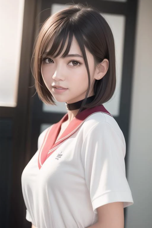 (RAW photo:1.2), (photorealistic:1.4),(masterpiece:1.3),(best quality:1.4),ultra high res,(detailed eyes),(detailed facial features),(detailed clothes features),HDR,8k resolution, solo focus, bangs, skin tight, (shiny skin),(slender girl),dreamlike,
(extreme detailed illustration),check commentary,commentary request,scenery,no text,
<lora:VirtualGirl-Rin_v2:0.2>,VirtualGirl-Rin, small breasts, bob hair, short hair, brown hair, brown eyes,
student,JK, schoolgirl,
1girl, upper body,
black choker,
white japanese school uniform,
sailor suit,
dark red pleated skirt, stockings,
sneakers,
happy,smile,