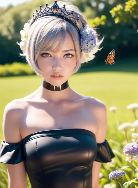 (photorealistic:1.4),best quality, ultra high res, higly detailed,
4k, instagram,
blurry background,
bug, butterfly, grass, hydrangea, leaf, mushroom, nature, plant,fantasy world,
<lora:gwendolynOdinSphere_09:0.7>Gwendolyn, hip feathers, strapless dress, crown, detached sleeves, choker, armored thigh boots, feather hair buns, holding polearm,
virtualgirl-Rin,small breasts,bob hair,(2 tone hair:1.3), blue eyes, black choker, (white hair), black hair,
<lora:virtualgirlRin_v20:0.2>