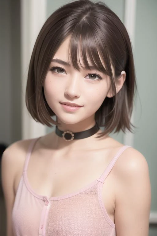 (RAW photo:1.2), (photorealistic:1.4),(masterpiece:1.3),(best quality:1.4),ultra high res,(detailed eyes),(detailed facial features),(detailed clothes features),HDR,8k resolution, solo focus, bangs, skin tight, (shiny skin),(slender girl),dreamlike,
(extreme detailed illustration),check commentary,commentary request,scenery,no text,
<lora:VirtualGirl-Rin:0.2>,VirtualGirl-Rin, small breasts, bob hair, short hair, brown hair, brown eyes,black choker,
1girl, upper body,
Pink spotted cotton pajamas,
Pink cotton pajamas,
White cotton slippers,
happy,smile,