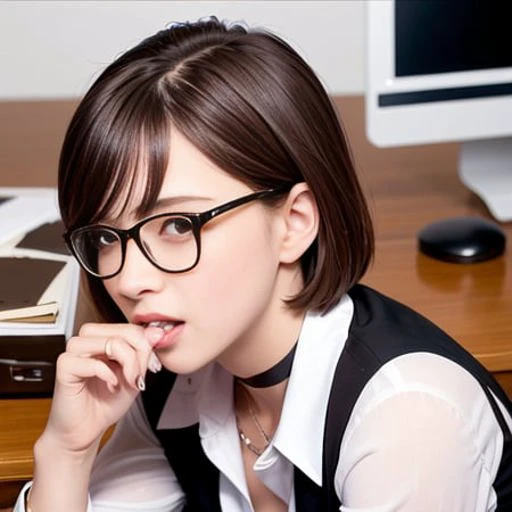 (RAW photo:1.2), (photorealistic:1.4),(masterpiece:1.3),(best quality:1.4), dreamlike, (detailed eyes),(detailed facial features), (detailed clothes features), natural light from top right, look at viewer, (office workstation:1.6), skin tight, (shiny skin), (slender girl), (slim girl), (((1girl))), ((face close up)), solo, <lora:virtualgirlRin_v20:0.3> short hair, bob hair, bangs, brown hair, brown eyes, black choker, glasses, cute, smile, small breasts, narrow waist, office lady, shirt, (biting nail:1.4)