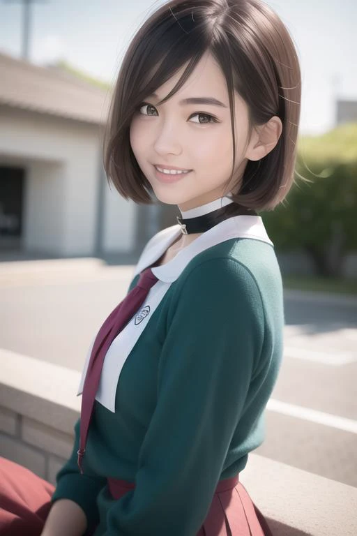 (RAW photo:1.2), (photorealistic:1.4),(masterpiece:1.3),(best quality:1.4),ultra high res,(detailed eyes),(detailed facial features),(detailed clothes features),HDR,8k resolution, solo focus, bangs, skin tight, (shiny skin),(slender girl),dreamlike,
(extreme detailed illustration),check commentary,commentary request,scenery,no text,
<lora:VirtualGirl-Rin_v2:0.2>,VirtualGirl-Rin, small breasts, bob hair, short hair, brown hair, brown eyes,
student,JK, schoolgirl,
1girl, upper body,
black choker,
white japanese school uniform,
sailor suit,
dark red pleated skirt, stockings,
sneakers,
happy,smile,