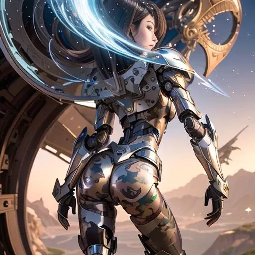 <lora:virtualgirlRin_v20:0.5> short hair, bob hair, brown hair, brown eyes, (a mecha girl, bare human thigh, bare human waist, small breast, cleavage), detailed face, (camo_bodysuit:1), (camo_mecha:1.5), <lora:aMechaMusumeA_arc:1> , masterpiece, best quality, high quality, extremely detailed CG unity 8k wallpaper, highres, high quality, 8k, ultra detailed, ultra quality , detailed and intricate, original,highres , best shadow, high lighting detail ,perfect lighting, colorful , (mecha musume:1.5), (mechanical arms:1.2), (headgear:1),(mechanical jet engine at back:1.3), (galaxy) , (space station) , standing, spread leg, arm up, glowing, mysterious, enchanting, whimsical, playful, adventurous, freedom, wonder, imagination, determination, skill, speed, movement, energy, realism, naturalistic, figurative, representational, beauty, fantasy culture, mythology, fairy tales, folklore, legends, witches, wizards, magical creatures, fantasy worlds, composition, scale, foreground, middle ground, background, perspective, light, color, texture, detail, beauty, wonder,