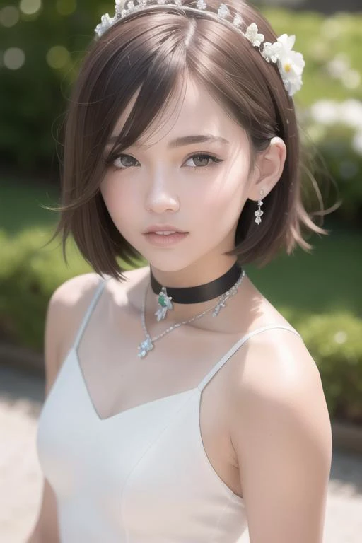 (RAW photo:1.2), (photorealistic:1.4),(masterpiece:1.3),(best quality:1.4),ultra high res,(detailed eyes),(detailed facial features),(detailed clothes features),HDR,8k resolution, solo focus, bangs, skin tight, (shiny skin),(slender girl),dreamlike,
(extreme detailed illustration),check commentary,commentary request,scenery,no text,
<lora:VirtualGirl-Rin:0.2>,VirtualGirl-Rin, small breasts, bob hair, short hair, brown hair, brown eyes,black choker,
1girl, upper body,
Crystal crown hair band,
Crystal Necklace,
White bouquet,
White bridesmaid dress,
White bridesmaid gloves,
White bridesmaid skirt,
White bridesmaid stockings,
White ballet shoes,
happy,smile,