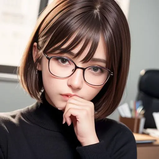 (RAW photo:1.2), (photorealistic:1.4),(masterpiece:1.3),(best quality:1.4), dreamlike, (detailed eyes),(detailed facial features), (detailed clothes features), natural light from top right, look at viewer, (office workstation:1.6), skin tight, (shiny skin), (slender girl), (slim girl), (((1girl))), ((face close up)), solo, <lora:virtualgirlRin_v20:0.3> short hair, bob hair, bangs, brown hair, brown eyes, black choker, glasses, cute, smile, small breasts, narrow waist, office lady, shirt, (biting nail:1.4)
