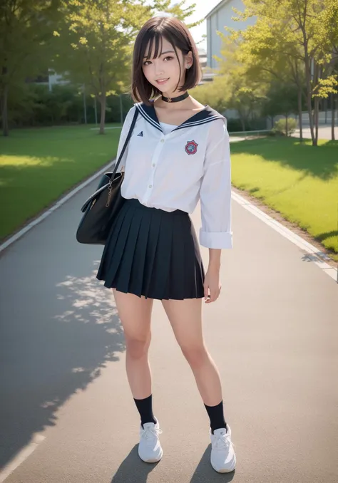(RAW photo:1.2),(photorealistic:1.4),(masterpiece:1.3),(best quality:1.4),ultra high res,
HDR,8k resolution,
dreamlike,
check commentary,commentary request,scenery,((no text)),
solo focus, (full body),
(detailed eyes),(detailed facial features), (detailed clothes features),
skin tight, (shiny skin),(slender girl),(slim girl),
(1girl,solo),<lora:VirtualGirl-Rin:0.25>,VirtualGirl-Rin, happy, smile, (small breasts), bangs, bob hair, short hair, brown hair, brown eyes, black choker,
university student, schoolgirl, white high school uniform,sailor suit,dark red pleated skirt, stockings,sneakers,
