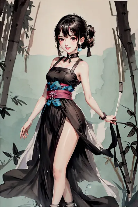 shukezouma, negative space, shuimobysim, 
<lora:Moxin_10:0.0.85>,<lora:Moxin_Shukezouma10:1>,
1girl,  
<lora:VirtualGirl-Rin_v2:0.2>,VirtualGirl-Rin, small breasts, bob hair, short hair, brown hair, brown eyes,black choker,happy,smile,
woman,bare shoulders, (ecchi0.5), lips, water splash, (trees:0.5), (flowers:0.6) ,(birds:0.2), (bamboo0.1), lakes, Hangzhou, bonian, bonian in background
