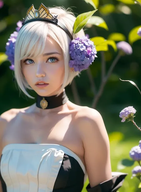 (photorealistic:1.4),best quality, ultra high res, higly detailed, 
4k, instagram,
blurry background, 
bug, butterfly, grass, hydrangea, leaf, mushroom, nature, plant,fantasy world, 
<lora:gwendolynOdinSphere_09:0.7>Gwendolyn, hip feathers, strapless dress, crown, detached sleeves, choker, armored thigh boots, feather hair buns, holding polearm,
virtualgirl-Rin,small breasts,bob hair,(2 tone hair:1.3), blue eyes, black choker, (white hair), black hair, 
 <lora:virtualgirlRin_v20:0.2>