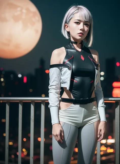 (photorealistic:1.4),best quality, ultra high res, higly detailed, 
4k, instagram,
blurry background, 
lucy \(cyberpunk\), bare shoulders, belt, black belt, black leotard, black pants, clothing cutout, cropped jacket, cyberpunk, gradient eyes, grey eyes, grey hair, jacket, leotard, lips, long sleeves, white jacket, white shorts, pants, parted lips, red eyeliner,cyberpunk \(series\),cyberpunk edgerunners,
night, night sky, railing, building, cityscape, 
virtualgirl-rin,small breasts,bob hair, short hair, black choker,
 <lora:virtualgirlRin_v20:0.2> <lora:lucyCyberpunk_35Epochs:0.7>