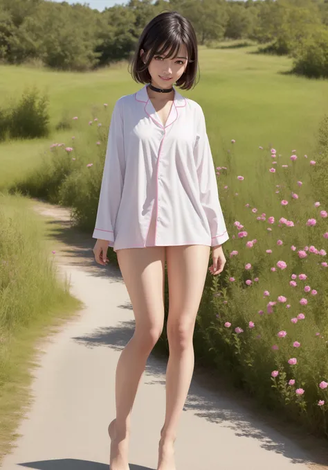 (RAW photo:1.2),(photorealistic:1.4),(masterpiece:1.3),(best quality:1.4),ultra high res,
dreamlike,scenery,
solo focus, (full body),
(detailed eyes),(detailed facial features), (detailed clothes features),
skin tight, (shiny skin),(slender girl),(slim girl),
(1girl,solo),<lora:VirtualGirl-Rin:0.25>,VirtualGirl-Rin, happy, smile, (small breasts), bangs, bob hair, short hair, brown hair, brown eyes, black choker,
Pink spotted cotton pajamas,Pink cotton pajamas,White cotton slippers,