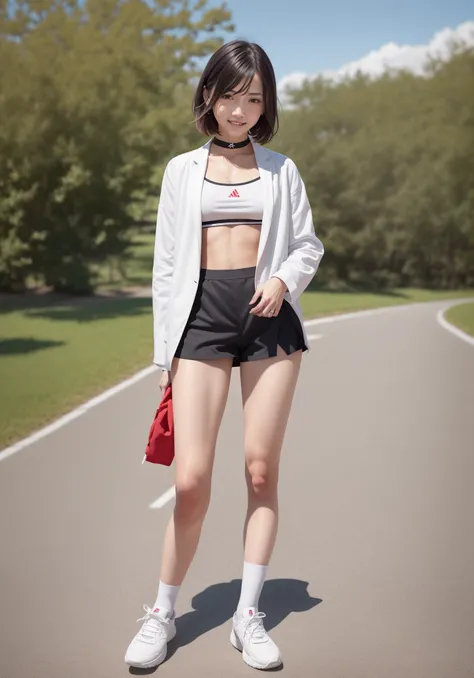 (RAW photo:1.2),(photorealistic:1.4),(masterpiece:1.3),(best quality:1.4),ultra high res,
dreamlike,
check commentary,commentary request,scenery,
solo focus, (full body),
(detailed eyes),(detailed facial features), (detailed clothes features),
skin tight, (shiny skin),(slender girl),(slim girl),
(1girl,solo),<lora:VirtualGirl-Rin:0.25>,VirtualGirl-Rin, happy, smile, (small breasts), bangs, bob hair, short hair, brown hair, brown eyes, black choker,
university student, schoolgirl, White cheerleader suit, red sports shorts, sneakers,sweat,wet