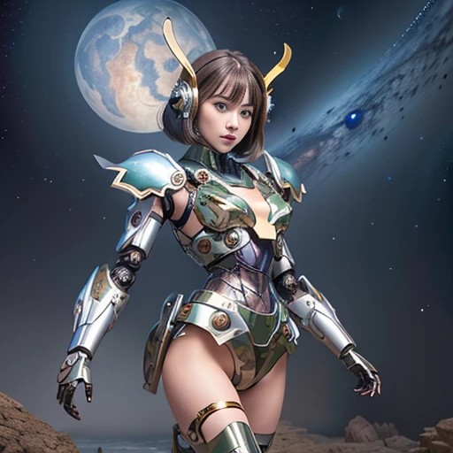 <lora:virtualgirlRin_v30:0.3> short hair, bob hair, brown hair, brown eyes, (a mecha girl, bare human thigh, bare human waist, small breast, cleavage), detailed face, (camo_bodysuit:1), (camo_mecha:1.5), <lora:aMechaMusumeA_arc:1> , masterpiece, best quality, high quality, extremely detailed CG unity 8k wallpaper, highres, high quality, 8k, ultra detailed, ultra quality , detailed and intricate, original,highres , best shadow, high lighting detail ,perfect lighting, colorful , (mecha musume:1.5), (mechanical arms:1.2), (headgear:1),(mechanical armor:1.3), (galaxy) , (space station) , standing, spread leg, arm up, glowing, mysterious, enchanting, whimsical, playful, adventurous, freedom, wonder, imagination, determination, skill, speed, movement, energy, realism, naturalistic, figurative, representational, beauty, fantasy culture, mythology, fairy tales, folklore, legends, witches, wizards, magical creatures, fantasy worlds, composition, scale, foreground, middle ground, background, perspective, light, color, texture, detail, beauty, wonder,