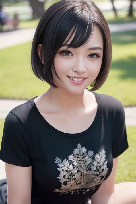 RAW photo:1.2),(photorealistic:1.6),(masterpiece:1.3),(best quality:1.4), HI-RES, HDR, (intricate details:1.6), 1girl,(whole body),(in the park), (sit on Trapeze),scattered_leaves, (looking at viewer:1.4), (short sleeve T-shirts:1.6), (beautiful face:1.9), (detailed face:1.6), (detailed eyes:1.5), (eyelashes:1.4), (smiling:1.6), (detailed black bob hair:1.3), (large breast:1.2), <lora:VirtualGirl-Rin-v2:0.3>