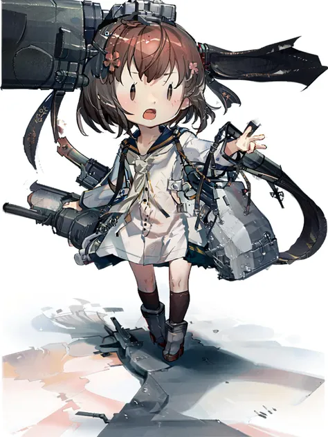 fairy \(kancolle\), yukikaze \(kancolle\), 1girl, solo, grey neckerchief, rudder footwear, sailor dress, dress, flower, neckerchief, white background, sailor collar, binoculars, speaking tube headset, full body, torpedo launcher, simple background, black sailor collar, socks, turret, cherry blossoms, machinery, white dress, kneehighs, standing, rigging, long sleeves, adapted turret, blue sailor collar, torpedo tubes, open mouth, anchor symbol, torpedo, original, intricate detail, illustration, masterpiece, extremely detailed CG unity 8k wallpaper, highlight, sharpening, dynamic, <lora:Fairy-3:1>, <lora:Yukikaze-2:1>