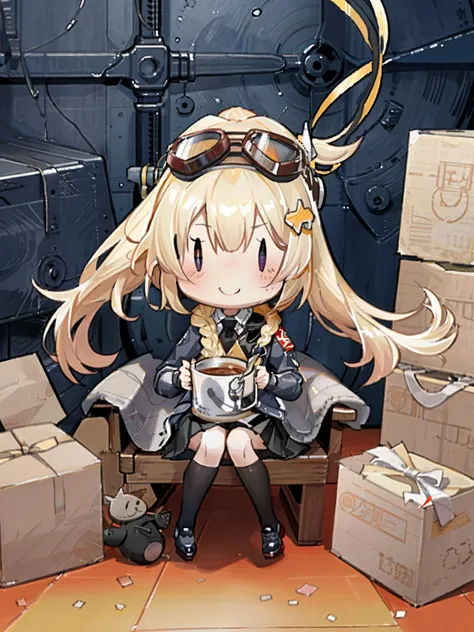 fairy \(kancolle\), 1girl, goggles, solo, blonde hair, goggles on head, | |, :>, goggles on headwear, long hair, chibi, hair ribbon, skirt, white background, ribbon, smile, sitting, simple background, blush, hat, hair ornament, ponytail, pleated skirt, original, intricate detail, illustration, masterpiece, extremely detailed CG unity 8k wallpaper, highlight, sharpening, dynamic, <lora:Fairy-3:1>