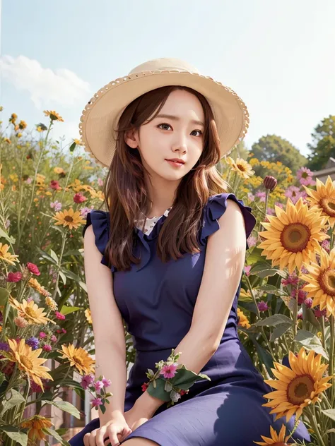 photorealistic,realistic, solo, photorealistic, best quality, ultra high res,
round hat with ribbon, short curly blonde hair, big blue eyes, cheerful expression, curvy figure, wearing a pink polka dot dress, sitting in a field of wildflowers,
beautiful, masterpiece, best quality, extremely detailed face, perfect lighting, solo,1girl,
best quality, ultra high res, photorealistic,
ultra detailed,
masterpiece, best quality,
yoona1, <lora:yoona_v1:0.9>