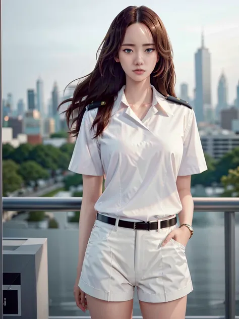 (8k, RAW photo, best quality, masterpiece:1.2), (realistic, photo-realistic:1.37), ultra-detailed, (high detailed skin:1.2), 8k uhd, dslr, soft lighting, high quality, film grain, Fujifilm XT3, professional lighting, photon mapping, radiosity, a portrait photo of (yoona1), diamond stud earrings, long straight black hair, hazel eyes, serious expression, slender figure, wearing white female navy uniform and tight shorts, standing against a city skyline at night beautiful, <lora:yoona_V10:0.9>