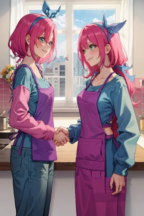 2girls, smile, looking at another, handshake, <lyco:concept_handshake-11:0.6> BREAK 1girl, shirt, hairband, apron, pants, long hair, <lora:Stylist_Fp:0.7> BREAK 1girl, trstylist, apron, pants, pink hair, <lora:terraria_stylist-10:0.7>