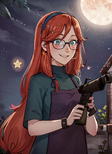 ((best quality)), ((highly detailed)), masterpiece, absurdres, detailed face, beautiful face, (detailed eyes, deep eyes), (1girl), (glasses), Perspective control, upper body, <lora:Stylist_Fp:1>, stylistterraria, long hair, magenta hair, wavy hair, hairband, green eyes, smiling, pants rolled up, (outside, at a mausoleum, night, night sky, stars, lunar eclipse, shooting star, telescope), <lora:Wolfwalkers_Style:.7>, WolfWStyle