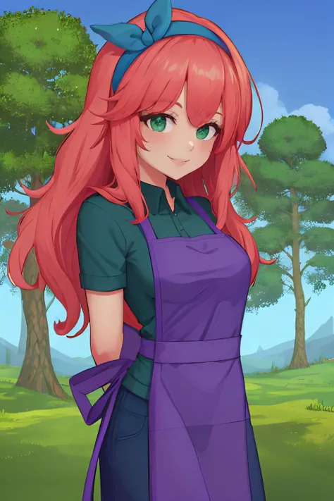 masterpiece, best quality, 1girl, solo, cute, smile, standing, <lora:Stylist_Fp:1> stylistterraria, arms behind back, shirt, hairband, apron, pants, forest, trees, blue sky, <lora:background-terraria-richy-v1:1> terrariabackground