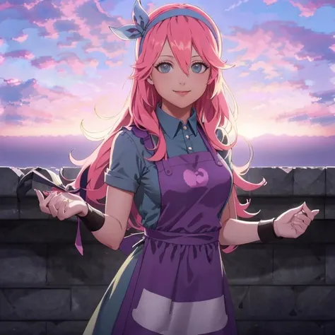 masterpiece, best quality, 1girl, solo, smile, looking at viewer, <lora:Stylist_Fp:1>, stylistterraria, shirt, hairband, apron, pants, <lora:FE3H S Rank:1>, sky, clouds, upper body, sunset