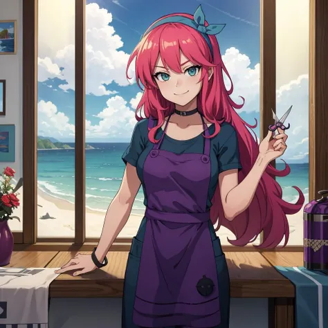 masterpiece, best quality, 1girl, solo, smirk, looking at viewer, <lora:Stylist_Fp:1>, stylistterraria, shirt, hairband, apron, pants, holding scissors, indoors, ocean, beach
