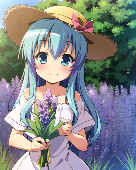 1girl, solo, blush, outdoors, day, summer, Straw hat, (lavender \(flower\):1.5), standing, 
 <lora:Komatsu Eiji:0.5>,  smile, closed mouth, holding a bouquet, 
 <lora:Noel:0.4>, (noel, ribbon, bangs,  hair between eyes, bow, aqua hair),