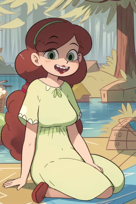 [Mabel], [Gravity Falls], ((masterpiece)), ((HD)), ((high res)), ((solo portrait)), ((waist-up)), ((front view)), ((detailed shading)), ((soft textures)), ((intricate details)), ((anime girl)), ((cinematic)), {attractive; (long brown hair), (cute dark-brown eyes), (large breast), (curvy hips), (beautiful legs), (cute grin), (silver braces on teeth)}, {(sitting), (waving), (looking at viewer)}, [background; (grass plains), (sun rays), (blue sky), (clouds in sky), (ambient lighting)], nude body, sexy, spread legs , pussy, pussy juice, 
