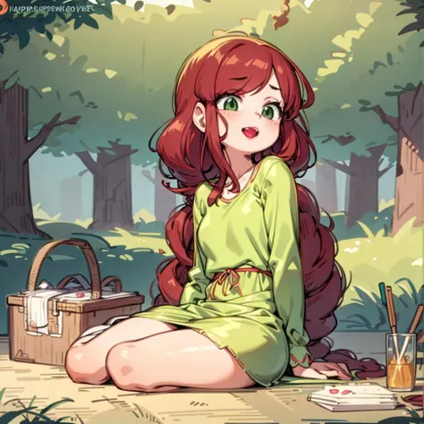 masterpiece, best quality, 1girl, sitting in picnic, long hair, red-brown hair, green eyes, forest, happy, red lips, green outfit, short dress, <lora:MarcosMom_v1.1:0.9>, marcos mom