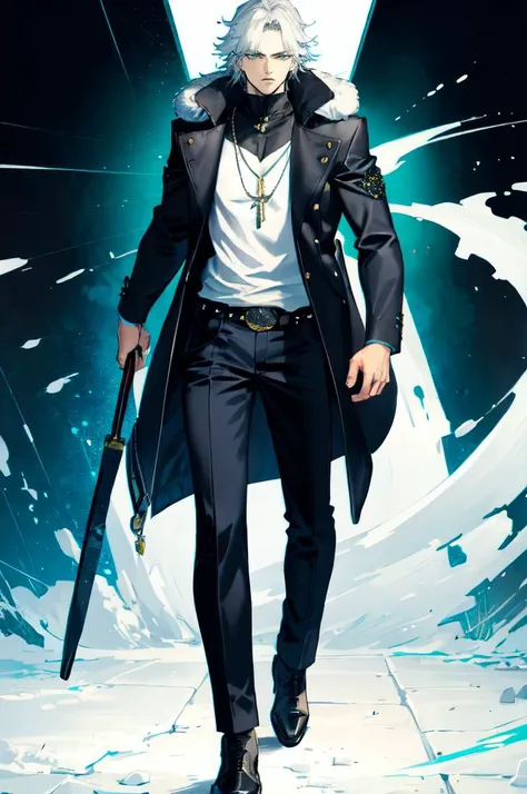 <lora:azusa_(hws)_style_v01:1>, ultra detailed, masterpiece, best quality, solo, 1boy, teal eyes, <lora:Tsurime3:1>, (tsurime:1.2), parted bangs, white hair, medium hair, straight hair, shoulder-length hair, male focus, coat, shirt, pants, studded belt, multiple belts, combat boots, torn clothes, necklace, black coat, black and green theme,
