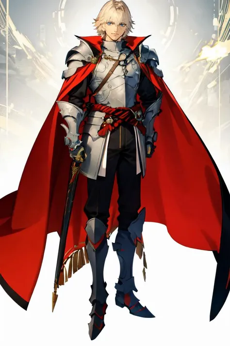 <lora:azusa_(hws)_style_v01:1>, ultra detailed, masterpiece, best quality, solo, smile, red theme, 1boy, blue eyes, medium blonde hair, parted bangs, hair intakes, male focus, muscular male, armor, pauldrons, cuirass, gauntlets, waist cape, greaves, black bodysuit, surcoat, shoulder sash, wing shoulder armor, cape, pants,