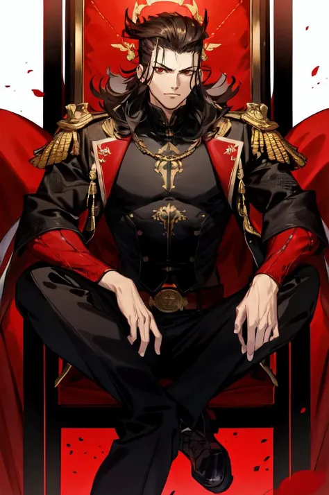 <lora:azusa_(hws)_style_v01:1>, ultra detailed, masterpiece, best quality, solo, smug smile, sitting, arm rest, head on hand, throne room, red banner, black and red theme, 1boy, red eyes, <lora:Tsurime3:1>, (tsurime:1.2), black hair, undercut, top knot, parted bangs, long bangs, bangs, short hair, hair intakes, tall, (coat on shoulders:1.3), dress shirt, sleeves rolled up, fingerless gloves, holster, pants, belt, multiple belts, combat boots, bulletproof vest, tactical clothes,