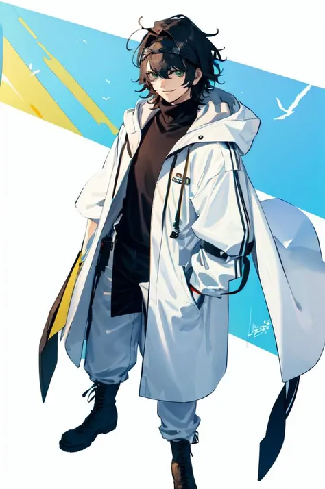 <lora:azusa_(hws)_style_v01:1>, ultra detailed, masterpiece, best quality, solo, smile, 1boy, green eyes, short hair, black hair, bangs, hair between eyes, messy hair, goggles on head, headband, white coat, hooded coat, hood down, open coat, turtleneck, capri pants, pants, black knee boots,