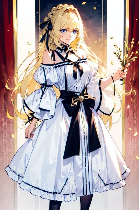 <lora:azusa_(hws)_style_v01:1>, ultra detailed, masterpiece, best quality, solo, soft smile, light smile,
1girl, blue eyes, very long hair, blonde hair, long blonde hair, french braid, bangs, medium breasts,
hair ribbon, frilled choker, criss-cross halter, sleeveless dress, high-waist skirt, backless dress, waist bow, detached sleeves, frilled sleeves, wide sleeves, pantyhose, patterned legwear, mary janes,
