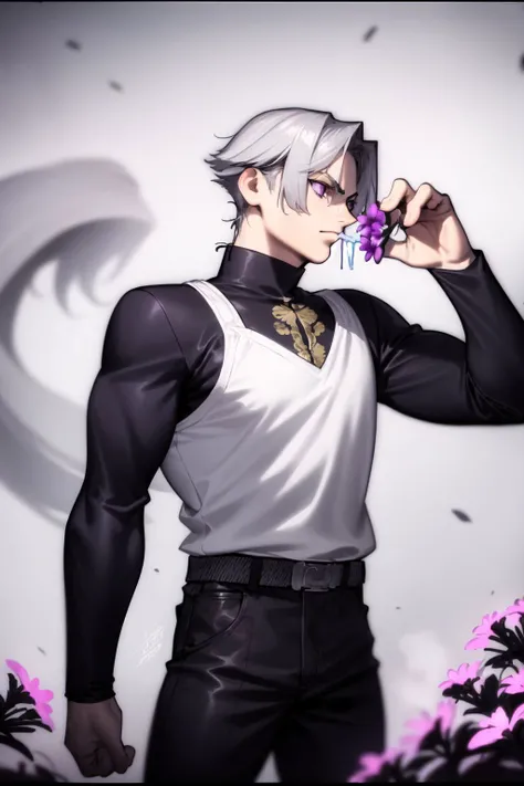 cowboy shot, solo, 1boy, male focus, thirsty, light grey hair, short back and sides, dark purple eyes, foggy atmosphere, Waxflower \(flower\), floral background <lora:azusa_(hws)_style_v01:1>