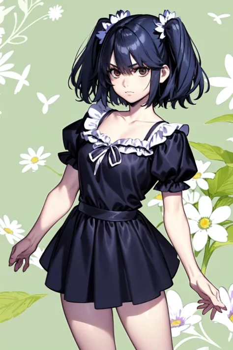 cowboy shot, solo, 1girl, :3, dark blue hair, one side up, light brown eyes, muscular female, dim light, Marguerite_daisy \(flower\), floral background <lora:azusa_(hws)_style_v01:1>