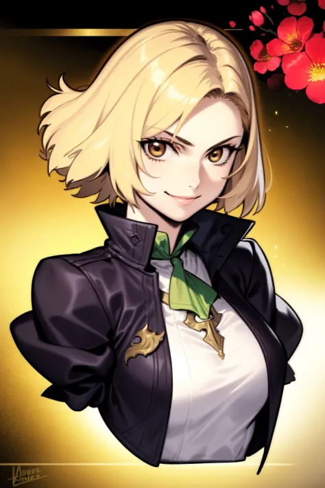 upper body, solo, 1girl, seductive smile, golden hair, hair pulled back, bronze eyes, muscular female, no light, Anigozanthus \(flower\), floral background <lora:azusa_(hws)_style_v01:1>