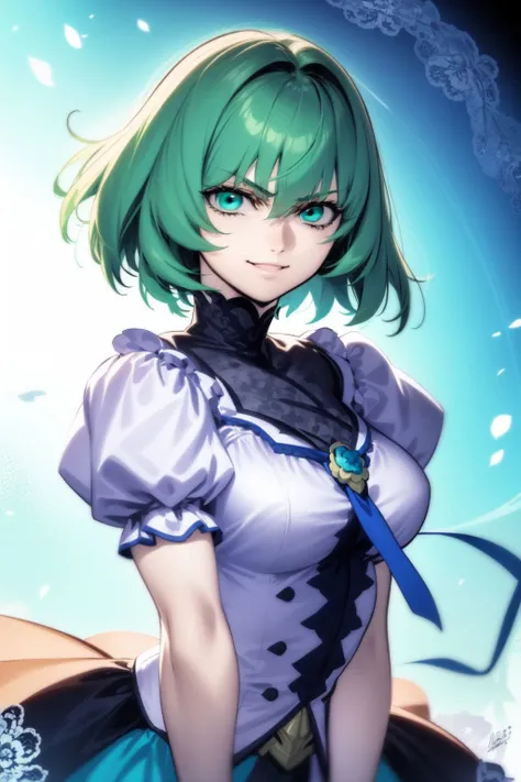 anime girl with grean hair, green eyes, wearing white dress , anime moe artstyle, full body,seductive anime girl, sittinng on garden, white and green flowers classroom, cute anime 8 k, , (anime girl), zerochan art, 1girl, h, high res, ultrasharp, 8k, masterpiece, perfect body, perfect face, cute face, big breasts, (ylex inspired)