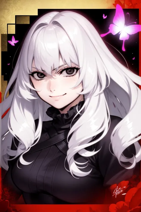 upper body, solo, 1girl, (squinting eyes:1.1) smile, white hair, wavy hair, black eyes, muscular female, no light, Butterfly_Orchid \(flower\), floral background <lora:azusa_(hws)_style_v01:1>